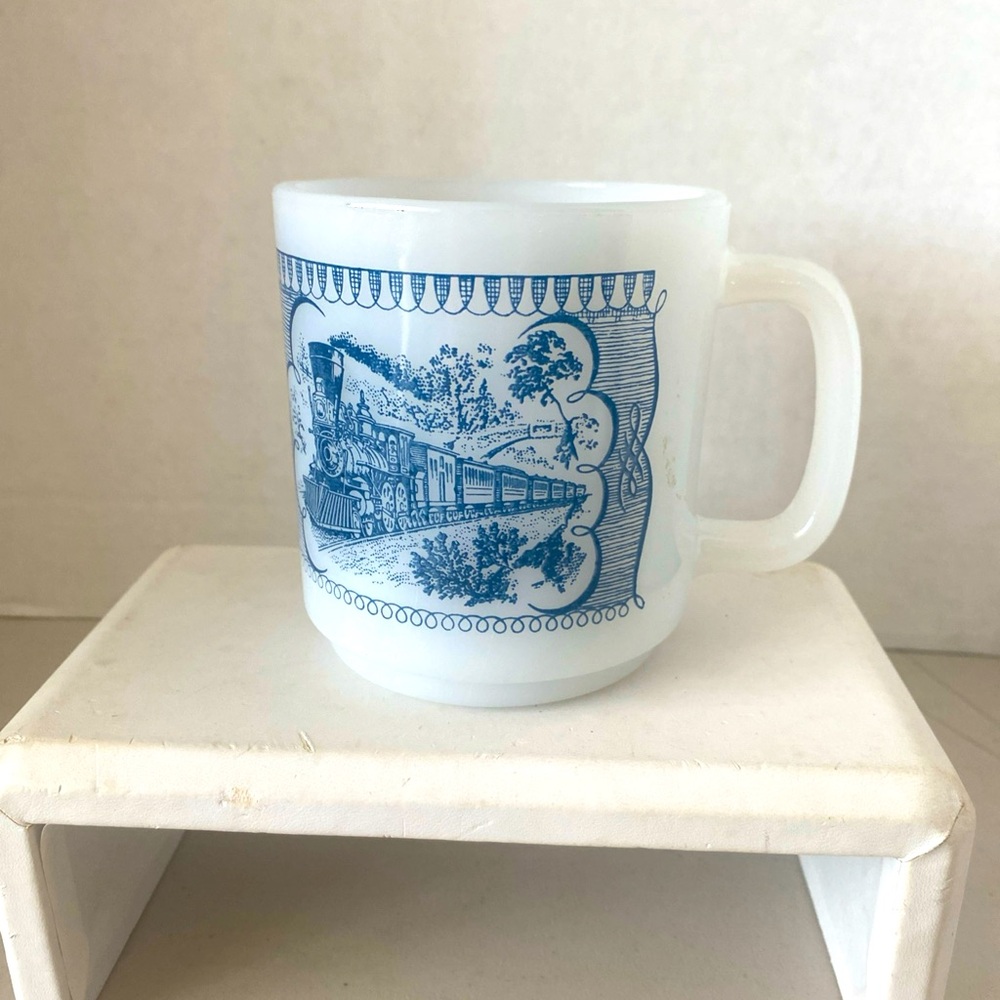 Vintage Currier and Ives Milk Glass Coffee Mug Cup D Handle Train White Blue